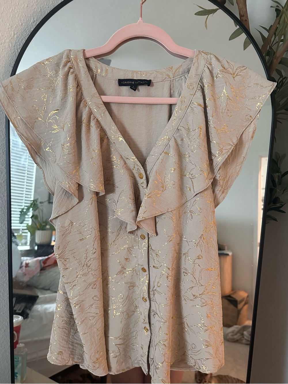 Adrienne Vittadini Gold-Foil Beige Ruffle Button Blouse